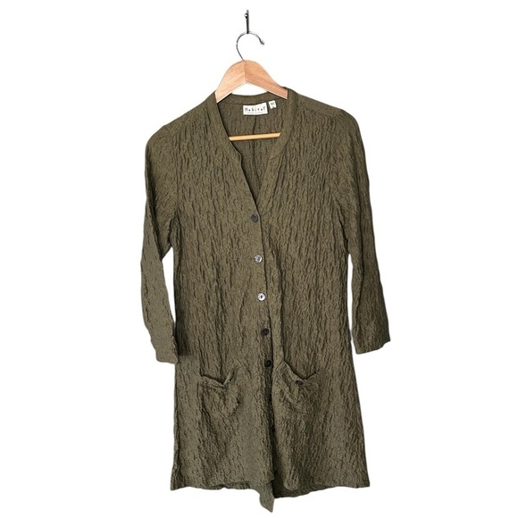 Habitat Clothes To Live In Gauzy Mandarin Collar Longline Cardigan Olive - Picture 2 of 10